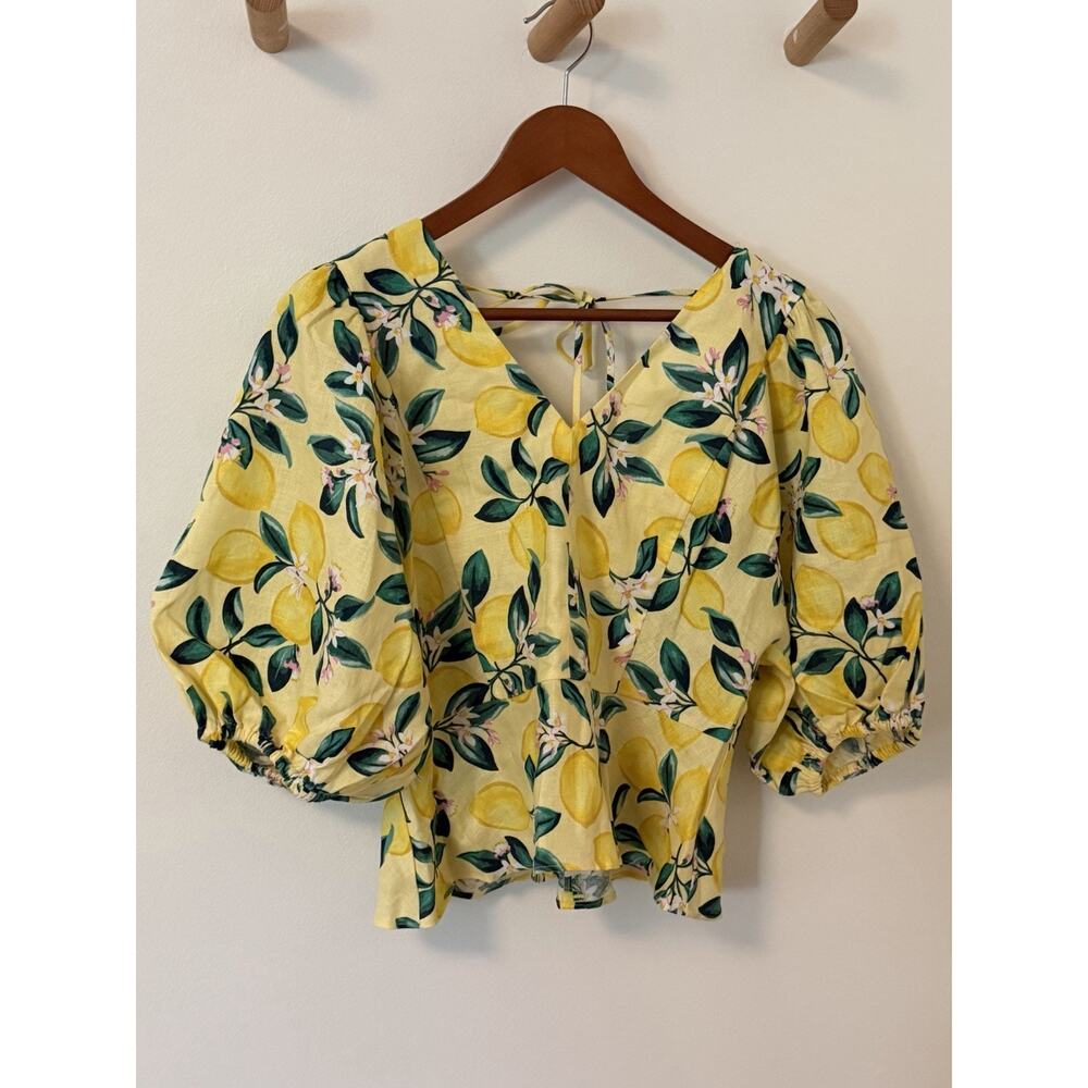 NEW $125 - Draper James Womens Sz 8 Linen Lemon Amalfi Italy Balloon Sleeve Top